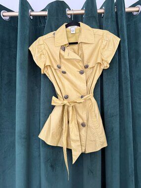 Vintage Vertigo Paris Trench Style Blouse Tie Waist Double Breasted Top Yellow S